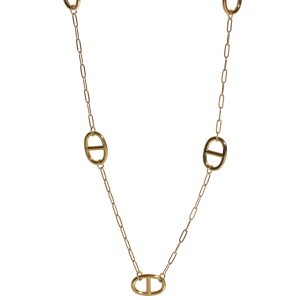 Collier sautoir composé d'une chaîne avec des grains de café en acier doré. Fermoir mousqueton avec 3 cm de rallonge.