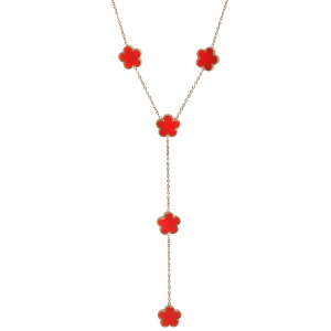 Collier sautoir de forme Y en acier doré et fleurs serties d'une pierre rouge.