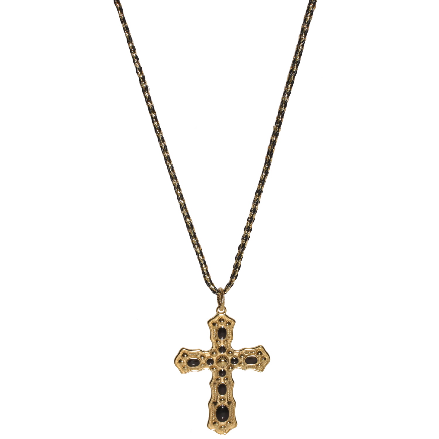 Collier sautoir composé d'un cordon noir et doré et d'un pendentif en forme croix en acier doré pavée d'émail.<br/>Fermoir mousqueton avec 3 cm de rallonge. Cordon Croix Adolescent Adulte Femme Fille Indémodable Religion Symboles Collier sautoir composé d'un cordon noir et doré et d'un pendentif en forme croix en acier doré pavée d'émail.<br/>Fermoir mousqueton avec 3 cm de rallonge. Cordon Croix Adolescent Adulte Femme Fille Indémodable Religion Symboles