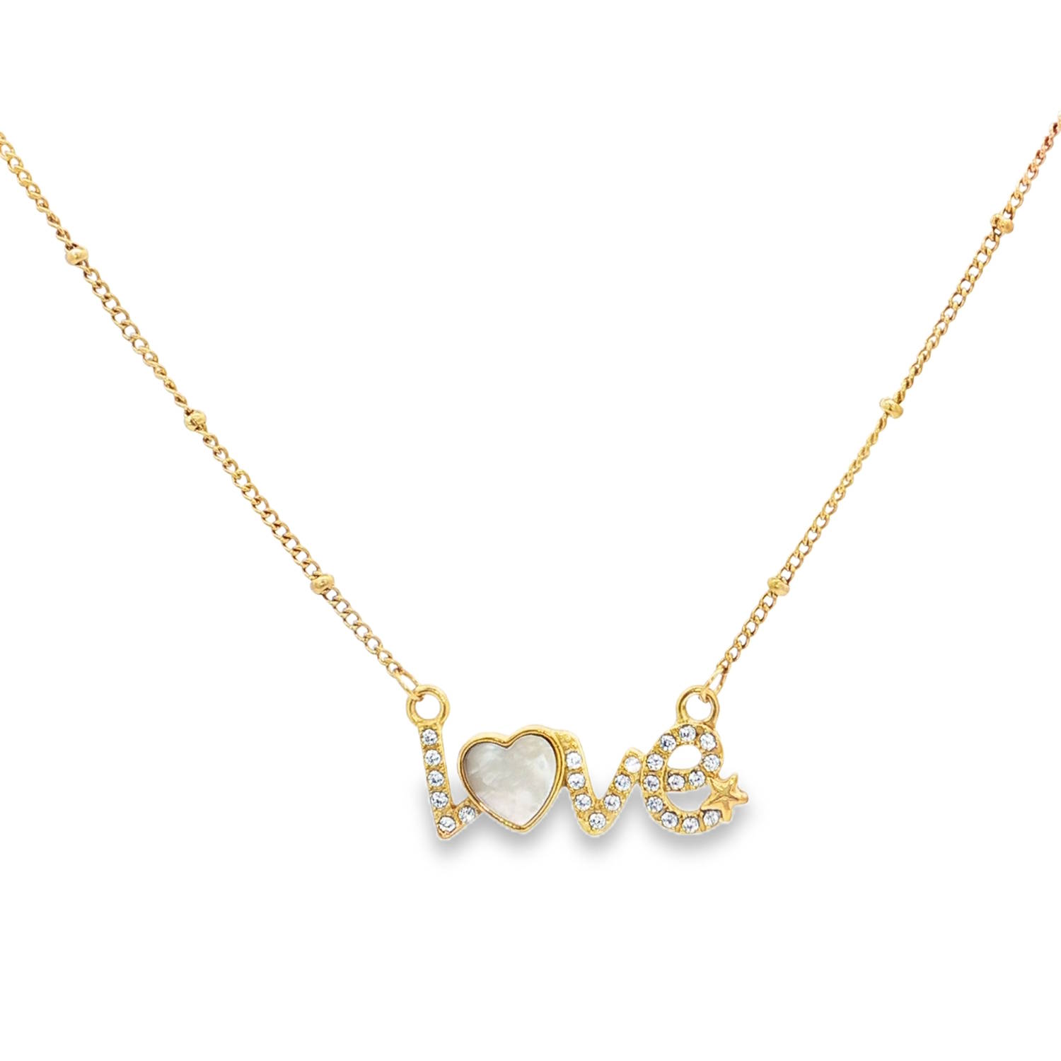 Exprimez votre affection avec ce ravissant collier.<br/>Un délicat mot d'amour serti de strass incolores taille brillant, monté sur de l'acier doré, apporte une touche d'éclat et de sophistication à votre style.<br/>Idéal pour un cadeau significatif ou pour ajouter une note romantique à votre quotidien.<br/>Fermoir mousqueton avec 5 cm de rallonge. Coeur Etoile Love Strass Adolescent Adulte Amour Femme Fille Message Nature Exprimez votre affection avec ce ravissant collier.<br/>Un délicat mot d'amour serti de strass incolores taille brillant, monté sur de l'acier doré, apporte une touche d'éclat et de sophistication à votre style.<br/>Idéal pour un cadeau significatif ou pour ajouter une note romantique à votre quotidien.<br/>Fermoir mousqueton avec 5 cm de rallonge. Coeur Etoile Love Strass Adolescent Adulte Amour Femme Fille Message Nature