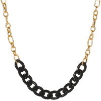 Collier composé d'une chaîne en acier doré et d'une chaîne en matière synthétique de couleur noire. Fermoir mousqueton avec 5 cm de rallonge.