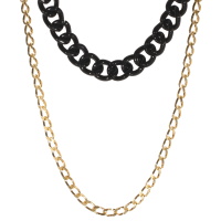 Collier double rangs composé d'une chaîne de 42 cm de long en matière synthétique de couleur noire et d'une chaîne de 60 cm de long en acier doré. Fermoir mousqueton avec 5 cm de rallonge.