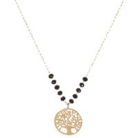 Collier composé d'une chaîne en acier doré avec des perles de couleur noire et d'un pendentif arbre de vie en acier doré. Fermoir mousqueton avec 5 cm de rallonge.
