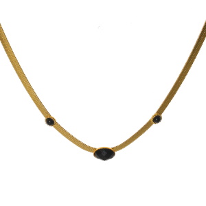 Collier composé d'une chaîne maille serpent en acier doré surmonté de cabochons en pierre de couleur noire. Fermoir mousqueton avec 5 cm de rallonge.