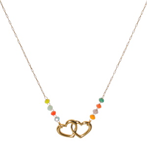 Collier composé d'une chaîne et d'un pendentif en forme de cœurs entrelacés en acier doré et de perles multicolores. Fermoir mousqueton avec 5 cm de rallonge.