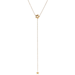 Collier de forme Y composé d'une chaîne avec une étoile creuse et une étoile lisse en acier doré. Fermoir mousqueton avec 5 cm de rallonge.