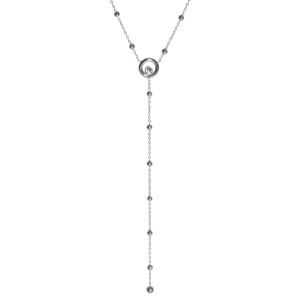 Collier de forme Y composé d'une chaîne avec boules en acier argenté et d'un cercle surmonté d'un strass serti clos. Fermoir mousqueton avec 5 cm de rallonge.