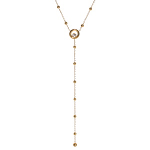 Collier de forme Y composé d'une chaîne avec boules en acier doré et d'un cercle surmonté d'un strass serti clos. Fermoir mousqueton avec 5 cm de rallonge.