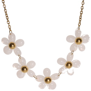 Collier composé d'une chaîne en acier doré avec des fleurs blanches. Fermoir mousqueton avec 5 cm de rallonge.