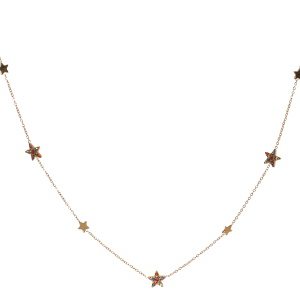 Collier composé d'une chaîne avec des étoiles en acier doré et des étoiles serties de strass multicolores. Fermoir mousqueton avec 5 cm de rallonge.