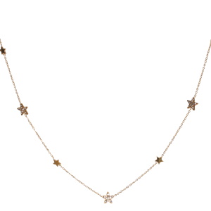 Collier composé d'une chaîne avec des étoiles en acier doré et des étoiles serties de strass blancs. Fermoir mousqueton avec 5 cm de rallonge.