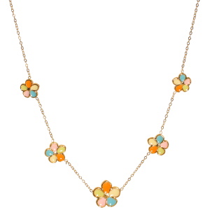 Collier composé d'une chaîne en acier doré et de fleurs en émail multicolore. Fermoir mousqueton avec 5 cm de rallonge.