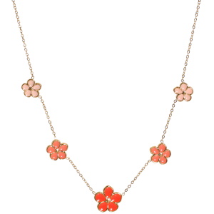 Collier composé d'une chaîne en acier doré et de fleurs en émail de couleur rouge et rose. Fermoir mousqueton avec 5 cm de rallonge.