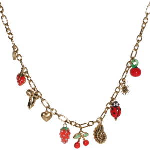 Collier composé d'une chaîne avec breloques en forme de nœud papillon, de cœur, de coquillage, de soleil avec visage et d'une pastille ronde en acier doré, d'un cœur et de cerises pavés d'émail de couleur, d'une fraise, d'une cerise et d'une coccinelle. Fermoir mousqueton avec 5 cm de rallonge.