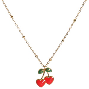 Collier composé d'une chaîne en acier doré et d'un pendentif en forme de cerises pavé d'émail de couleur. Fermoir mousqueton avec 5 cm de rallonge.