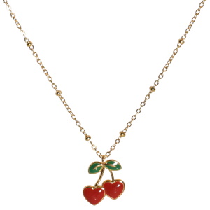 Collier composé d'une chaîne en acier doré et d'un pendentif en forme de cerises pavé d'émail de couleur. Fermoir mousqueton avec 5 cm de rallonge.