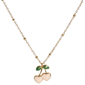 Collier composé d'une chaîne en acier doré et d'un pendentif en forme de cerises pavé d'émail de couleur. Fermoir mousqueton avec 5 cm de rallonge.