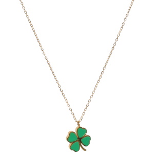 Collier composé d'une chaîne en acier doré et d'un trèfle à quatre feuilles en émail de couleur verte. Fermoir mousqueton avec 5 cm de rallonge.