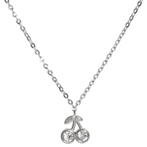 Collier composé d'une chaîne en acier argenté et d'un pendentif en forme de cerises serti de strass. Fermoir mousqueton avec 5 cm de rallonge.