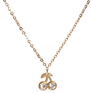 Collier composé d'une chaîne en acier doré et d'un pendentif en forme de cerises serti de strass. Fermoir mousqueton avec 5 cm de rallonge.