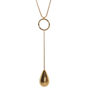 Collier sautoir composé d'une chaîne, d'un cercle et d'un pendentif goutte en acier doré. Fermoir mousqueton avec 5 cm de rallonge.