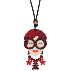 Collier sautoir fantaisie composé d'un cordon en coton ciré noir et d'un pendentif représentant une femme avec des perles rondes, des étoiles et un sapin de Noël.