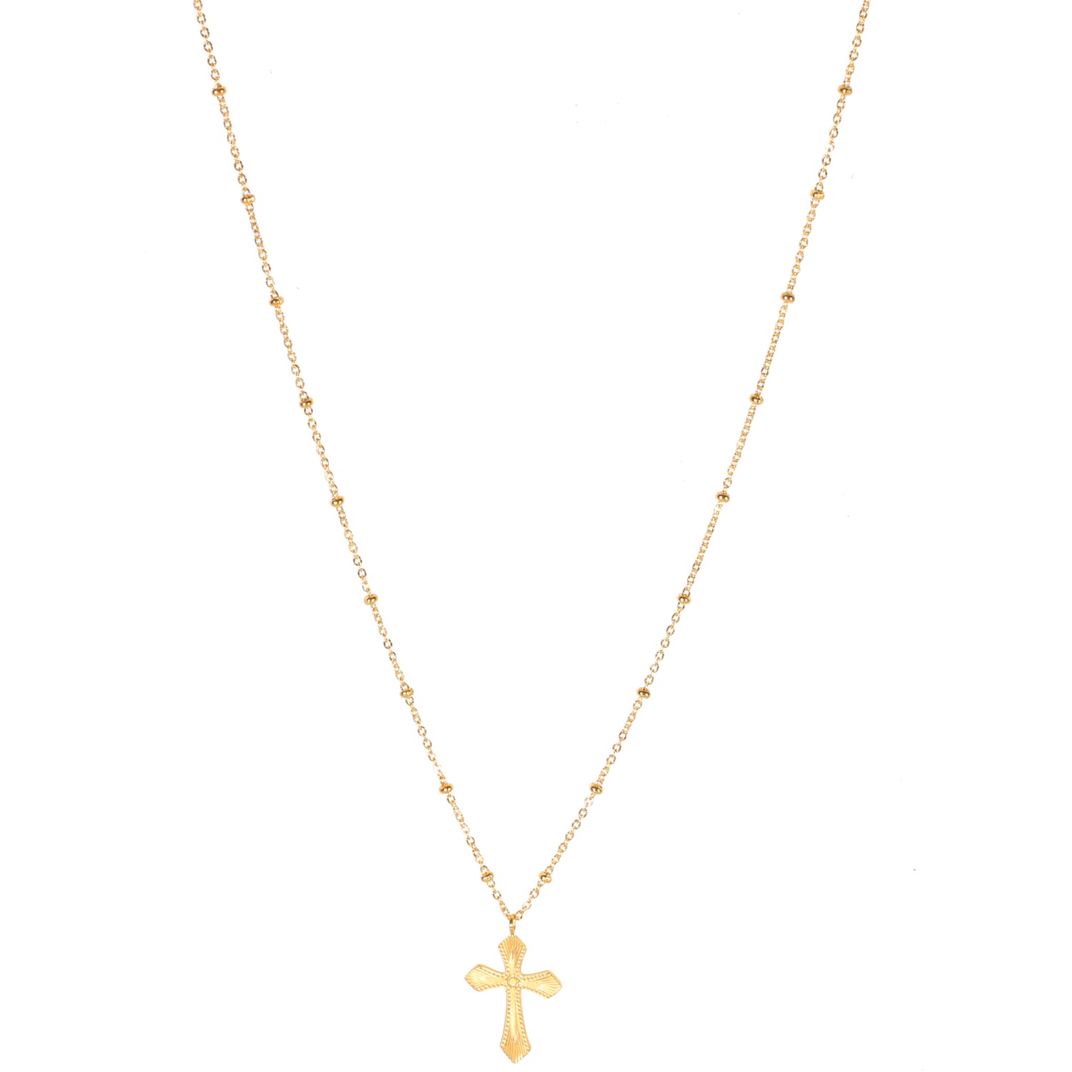 Collier composé d'une chaîne et d'un pendentif croix avec motifs en relief en acier doré.<br/>Fermoir mousqueton avec une rallonge de 5 cm. Croix  Adolescent Adulte Femme Fille Indémodable Religion 