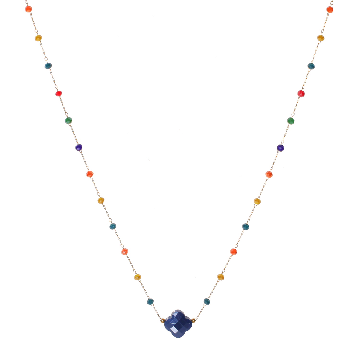 Collier composé d'une chaîne en acier doré, de perles multicolores et d'une pierre de couleur bleue.<br/>Fermoir mousqueton avec 5 cm de rallonge. Perle  Adolescent Adulte Femme Fille Indémodable 