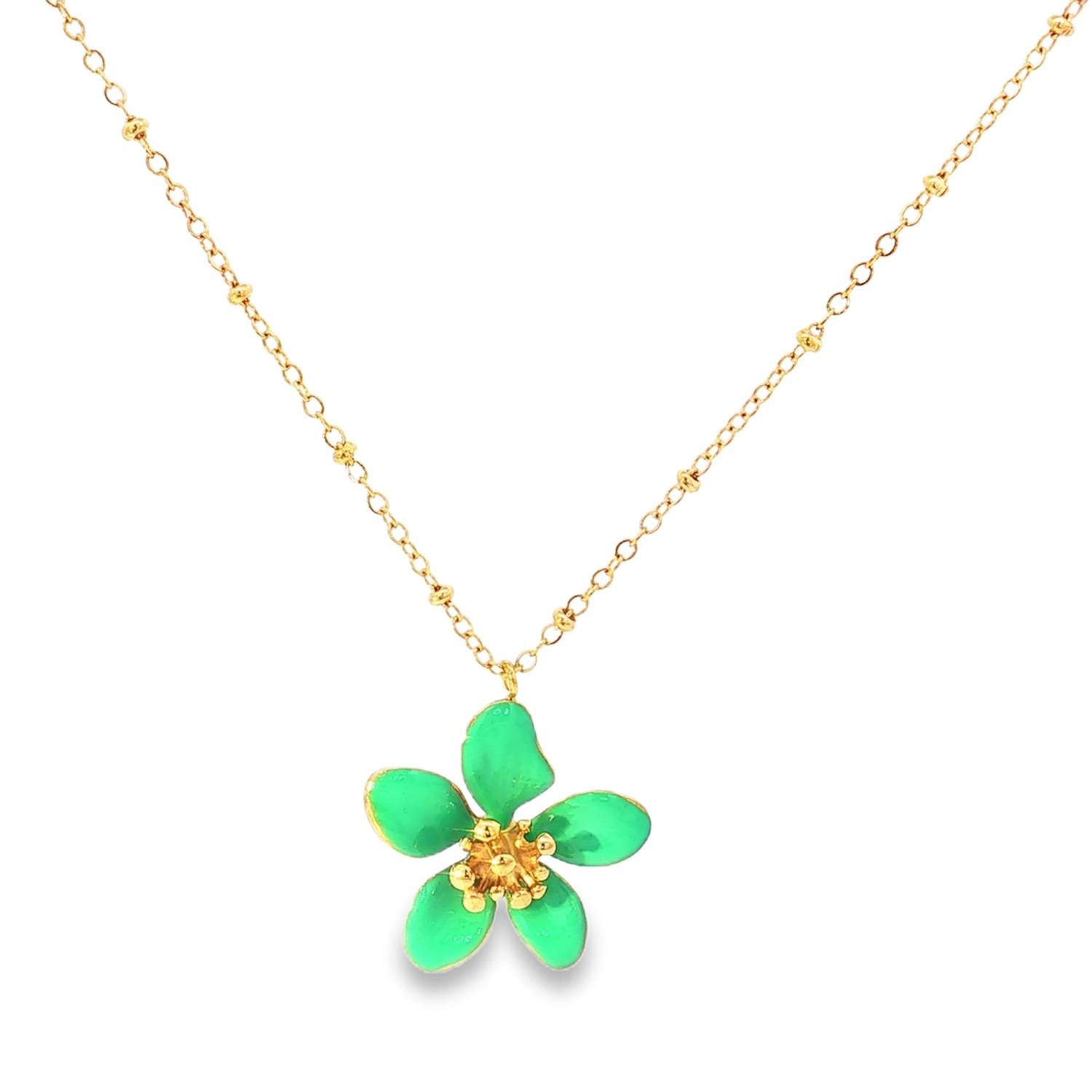 Apportez une touche de fraîcheur et de poésie à votre décolleté avec ce magnifique collier pendentif fleur, une pièce qui célèbre la délicatesse de la nature avec une modernité pétillante. Alliant la robustesse de l'acier et la brillance de l'émail, ce bijou est l'accessoire idéal pour illuminer vos tenues quotidiennes ou sublimer une occasion spéciale.<br/>Au cœur de ce bijou se trouve une fleur à cinq pétales d'un vert menthe vibrant. Chaque pétale est délicatement bordé d'un liseré doré, créant un contraste élégant qui rehausse l'intensité de la couleur. Le centre de la fleur est orné de pistils dorés en relief, ajoutant une texture réaliste et une touche précieuse à l'ensemble.<br/>Un mousqueton sécurisé accompagné d'une chaînette d'extension, permettant d'ajuster parfaitement la taille à votre morphologie. Adolescent Adulte Femme Fille Fleurs Indémodable Nature Apportez une touche de fraîcheur et de poésie à votre décolleté avec ce magnifique collier pendentif fleur, une pièce qui célèbre la délicatesse de la nature avec une modernité pétillante. Alliant la robustesse de l'acier et la brillance de l'émail, ce bijou est l'accessoire idéal pour illuminer vos tenues quotidiennes ou sublimer une occasion spéciale.<br/>Au cœur de ce bijou se trouve une fleur à cinq pétales d'un vert menthe vibrant. Chaque pétale est délicatement bordé d'un liseré doré, créant un contraste élégant qui rehausse l'intensité de la couleur. Le centre de la fleur est orné de pistils dorés en relief, ajoutant une texture réaliste et une touche précieuse à l'ensemble.<br/>Un mousqueton sécurisé accompagné d'une chaînette d'extension, permettant d'ajuster parfaitement la taille à votre morphologie. Adolescent Adulte Femme Fille Fleurs Indémodable Nature