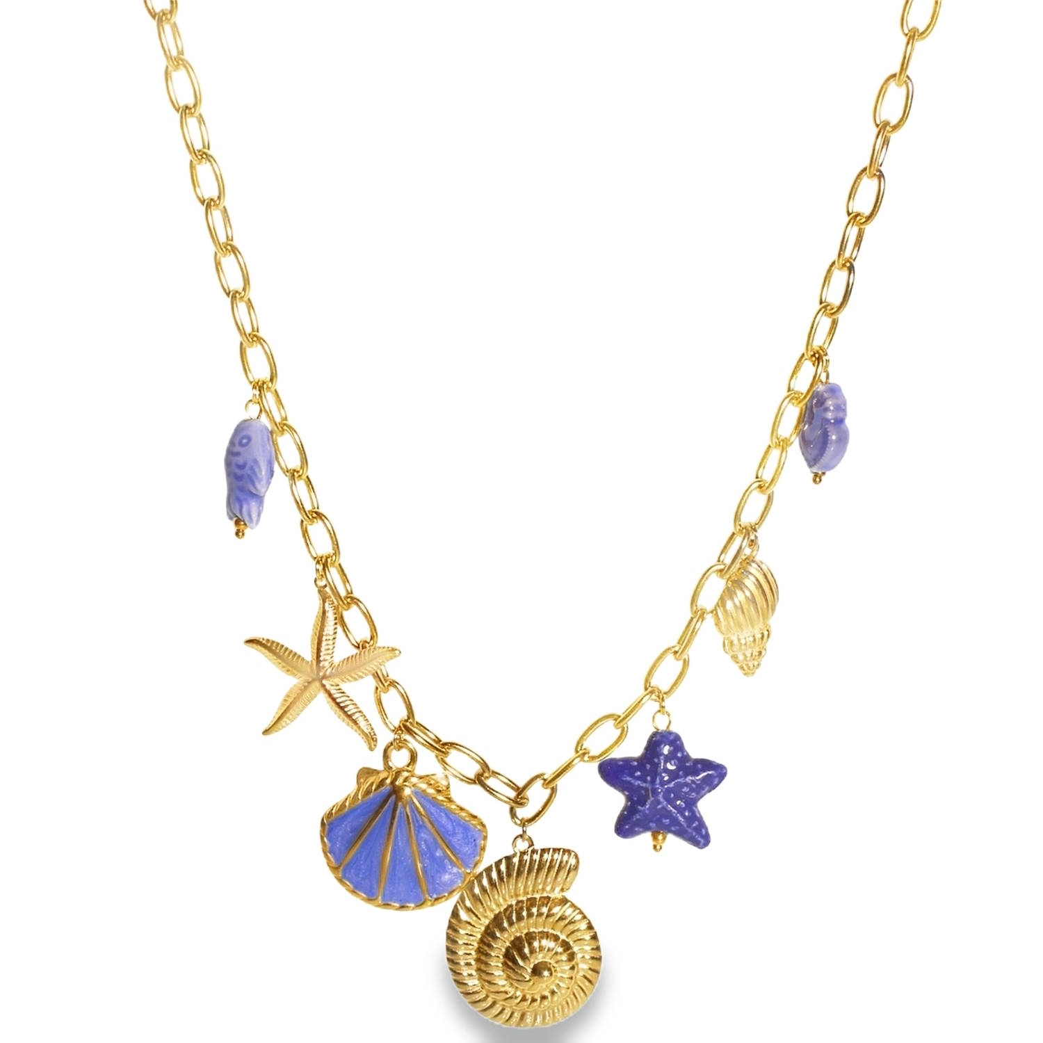 Ce collier en acier inoxydable doré capture parfaitement l'esprit de l'océan avec un style à la fois chic et fantaisie. Il se distingue par son accumulation de breloques marines suspendues à une maille ovale texturée.<br/>Le cœur de ce bijou réside dans l'accumulation harmonieuse de ses sept charmes suspendus, évoquant un trésor trouvé sur une plage lointaine<br/>Doté d'une chaîne de réglage avec un fermoir mousqueton permettant d'ajuster la longueur selon votre décolleté. Coquillage Etoile Poisson Adolescent Adulte Animaux Eté Femme Fille Nature Printemps Ce collier en acier inoxydable doré capture parfaitement l'esprit de l'océan avec un style à la fois chic et fantaisie. Il se distingue par son accumulation de breloques marines suspendues à une maille ovale texturée.<br/>Le cœur de ce bijou réside dans l'accumulation harmonieuse de ses sept charmes suspendus, évoquant un trésor trouvé sur une plage lointaine<br/>Doté d'une chaîne de réglage avec un fermoir mousqueton permettant d'ajuster la longueur selon votre décolleté. Coquillage Etoile Poisson Adolescent Adulte Animaux Eté Femme Fille Nature Printemps