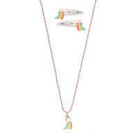 Parure fantaisie pour enfant composée d'un collier de perles métalliques de couleur rose et d'un pendentif étoile filante et d'un paire de clic-clacs pour cheveux en métal blanc pailleté surmontés d'un étoile filante.