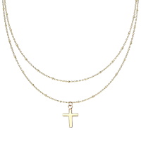 Collier double rangs composé d'une chaîne de 45 cm de long en acier doré, ainsi qu'une chaîne de 50 cm de long avec pendentif croix en acier doré. Fermoir mousqueton avec 5.5 cm de rallonge.