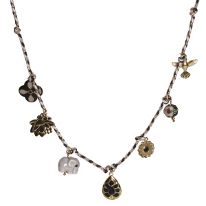 Collier composé d'un cordon multicolore finissant par des pompons et des breloques oiseau et fleur de lotus en acier doré, d'un éléphant en céramique, d'une perle avec motifs de fleur en émail, d'un trèfle en acier doré pavé d'émail de couleur, d'une fleur en acier doré sertie d'un cabochon et d'un pendentif en forme de goutte en acier doré avec motifs en émail de couleur et serti d'un cabochon.