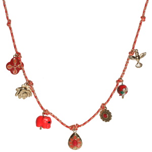 Collier composé d'un cordon multicolore finissant par des pompons et des breloques oiseau et fleur de lotus en acier doré, d'un éléphant en céramique, d'une perle avec motifs de fleur en émail, d'un trèfle en acier doré pavé d'émail de couleur, d'une fleur en acier doré sertie d'un cabochon et d'un pendentif en forme de goutte en acier doré avec motifs en émail de couleur et serti d'un cabochon.