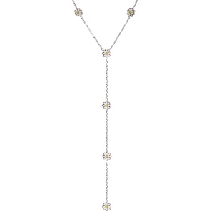 Collier de forme Y composé d'une chaîne en acier argenté et de fleurs pavées d'émail de couleur. Fermoir mousqueton avec 5 cm de rallonge.
