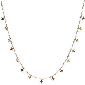 Collier composé d'une chaîne avec des pampilles en forme de trèfles en acier doré. Fermoir mousqueton avec 5 cm de rallonge.