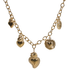 Collier composé d'une chaîne avec des pendants en forme de cœur et d'icône religieuse en acier doré. Fermoir mousqueton avec 5 cm de rallonge.