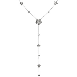 Collier sautoir de forme Y ornée de fleurs en acier argenté serties de strass et de cristaux sertis clos. Fermoir mousqueton avec 5 cm de rallonge.
