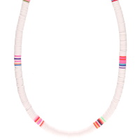 Collier fantaisie composé d'un cordon en coton de couleur blanc et de perles cylindriques heishi en résine synthétique et caoutchouc multicolore et de couleur blanc.