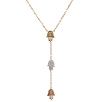 Collier de forme Y composé d'une chaîne en acier doré et de trois mains de Fatma ajourés en acier doré, argenté et rosé.