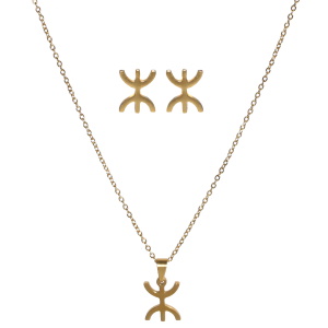 Parure composée d'un collier avec un pendentif croix berbère en acier doré et d'une paire de boucles d'oreilles croix berbère en acier doré. Fermoir mousqueton avec 5 cm de rallonge.