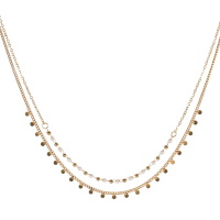 Collier double rangs composé d'une chaîne de 39 cm de long en acier doré avec perles en nacre et acier doré, ainsi qu'une chaîne de 40 cm de long avec pampilles rondes en acier doré. Fermoir mousqueton avec 5 cm de rallonge.