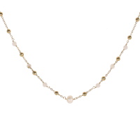 Collier composé d'une chaîne avec boules en acier doré, de perles en véritable pierre de lune et d'une perle de nacre. Fermoir mousqueton avec 5 cm de rallonge.