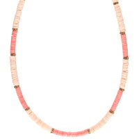 Collier composé de perles cylindriques en acier doré et de perles cylindriques de couleur rose. Fermoir mousqueton avec 5 cm de rallonge.