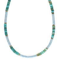 Collier composé de perles cylindriques en acier doré et de perles cylindriques de couleur bleue turquoise. Fermoir mousqueton avec 5 cm de rallonge.
