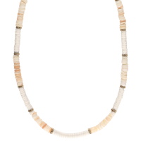 Collier composé de perles cylindriques en acier doré et de perles cylindriques de couleur blanche. Fermoir mousqueton avec 5 cm de rallonge.