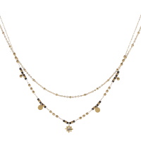 Collier composé d'une chaîne de 39 cm de long en acier doré, ainsi qu'une chaîne de 41 cm de long avec perles et deux pampilles rondes en acier doré, de perles de couleur noire et d'un pendentif étoile sertie d'un cristal. Fermoir mousqueton avec 5 cm de rallonge.