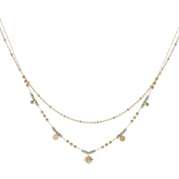 Collier composé d'une chaîne de 39 cm de long en acier doré, ainsi qu'une chaîne de 41 cm de long avec perles et deux pampilles rondes en acier doré, de perles de couleur verte et d'un pendentif étoile sertie d'un cristal. Fermoir mousqueton avec 5 cm de rallonge.