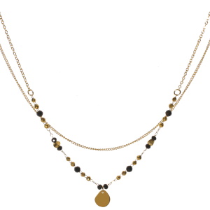 Collier double rangs composé d'une chaîne de 39 cm de long en acier doré, ainsi qu'une chaîne de 40 cm de long avec perles et un pendentif en acier doré et de perles de couleur noire. Fermoir mousqueton avec 5 cm de rallonge.