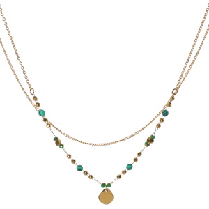 Collier double rangs composé d'une chaîne de 39 cm de long en acier doré, ainsi qu'une chaîne de 40 cm de long avec perles et un pendentif en acier doré et de perles d'imitation malachite. Fermoir mousqueton avec 5 cm de rallonge.